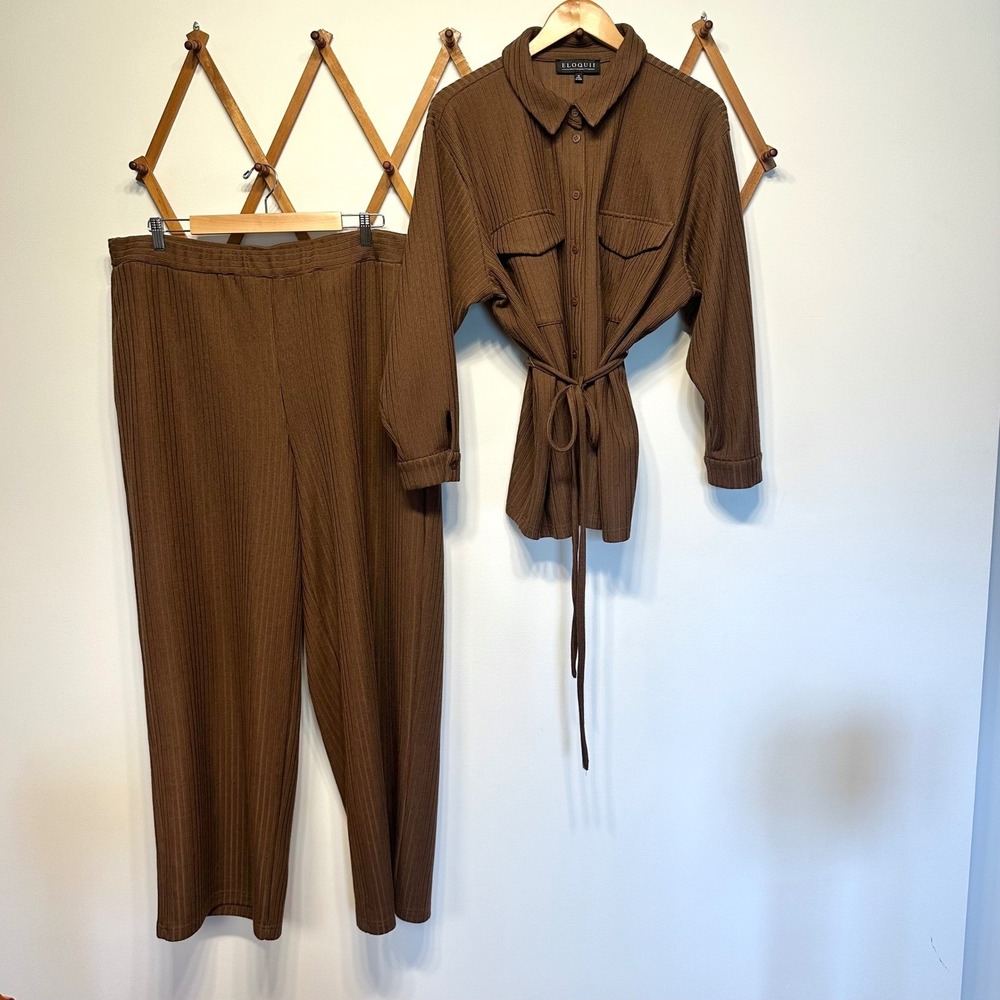 Eloquii Brown Ribbed Knit Belted Shirt and Wide Leg Pants Set Size 18 / 20 retro